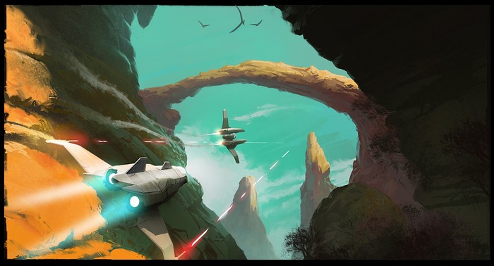 Spaceships dogfighting in a rocky canyon
