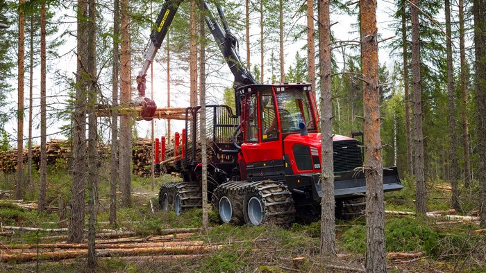 Komatsu 855 Forwarder loading logs in a forest