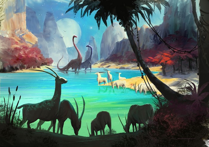 Fantastic world with dinosaurs and antelopes