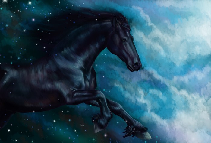 Black horse running through starry sky and clouds