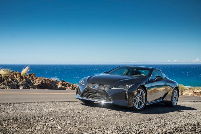 Grey 2018 Lexus LC 500h parked by the ocean