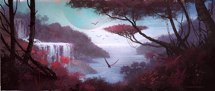 Alien Waterfall Landscape with Flying Creatures