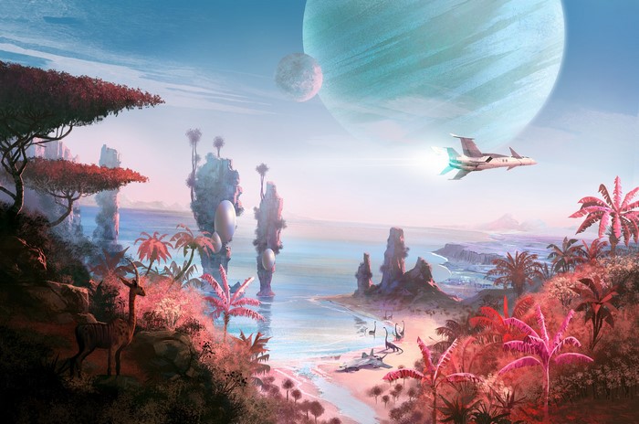 Alien planet landscape with starship and dinosaurs