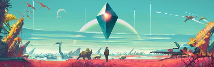 No Man's Sky: Alien Planet with Spaceships and Dinosaurs