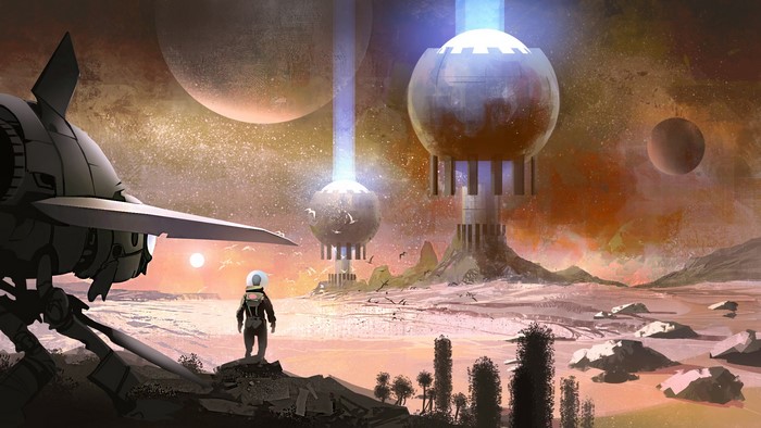 Astronaut on alien planet with starship and futuristic structures