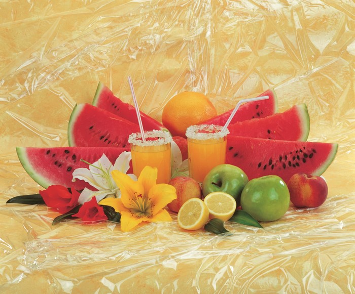 Fruit and Juice Arrangement with Lilies