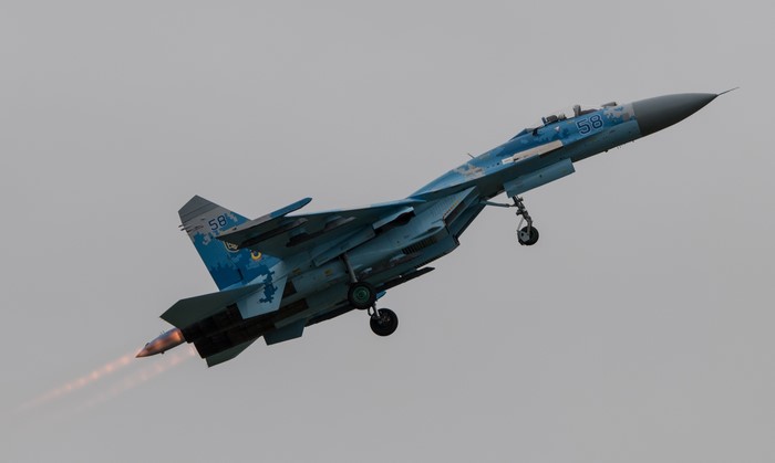 Ukrainian Air Force Sukhoi Su-27 fighter jet in flight