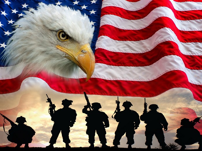Bald Eagle and Soldiers Silhouette with USA Flag