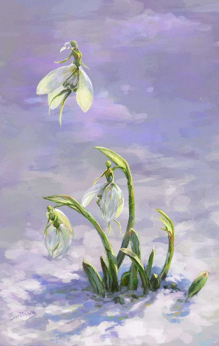 Snowdrop fairies dancing in the snow