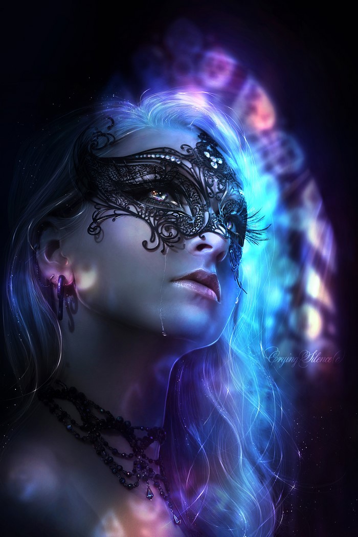 Woman wearing a black lace mask with tears