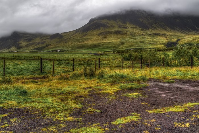 Thorsmork National Park Iceland Grasslands Hill Fog Fence HDR
