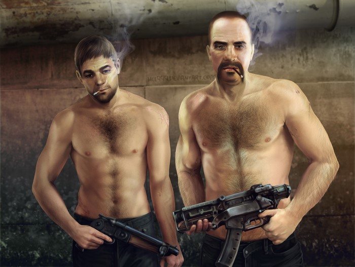 Two shirtless men with guns and cigarettes