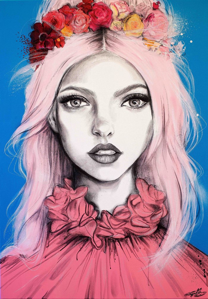 Painting of a woman with pink hair and a flower crown