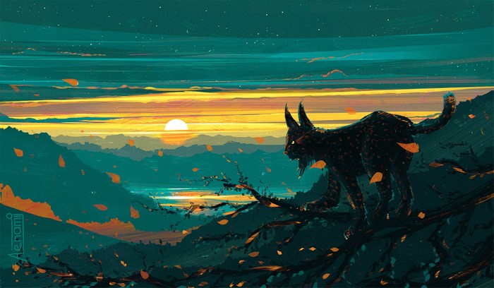 Lynx on a branch during sunset with falling leaves