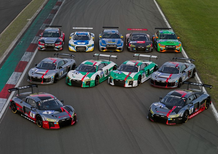 Many Audi R8 LMS GT3 Race Cars on Track