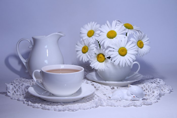 4K White Tea Set with Chamomile Flowers