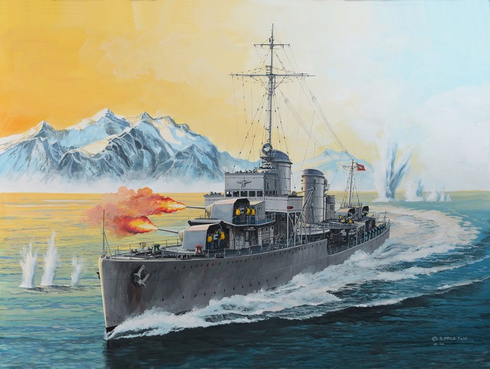 German Destroyer Type 1936 Firing Guns in Arctic