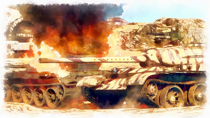 Tanks in a desert landscape with fire