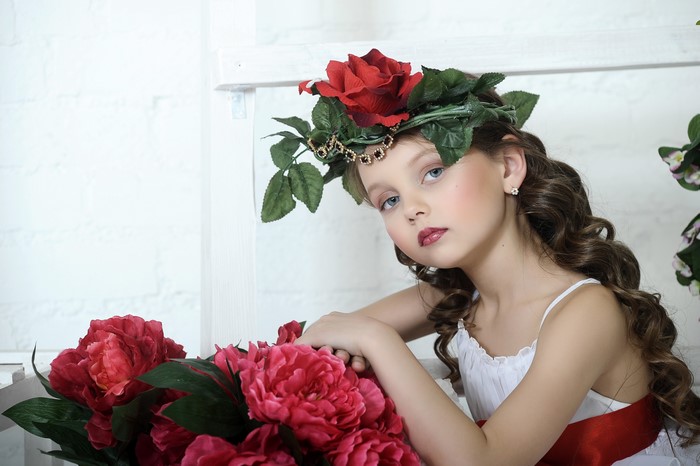 Girl with Rose Wreath and Peonies