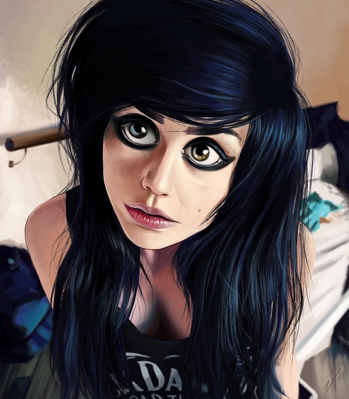 Painting of a brunette girl with dark hair and heavy eye makeup