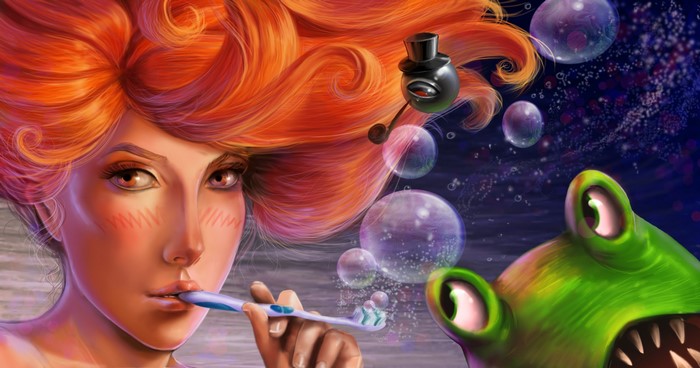 Redhead girl brushing teeth with frog and bubbles