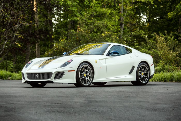 White Ferrari 599 GTO with racing stripes