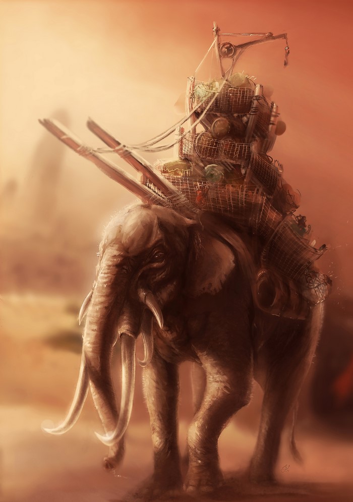 Elephant carrying cargo in a desert landscape