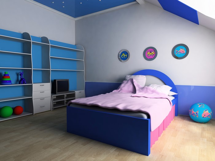 Children's room interior design with bed and shelves