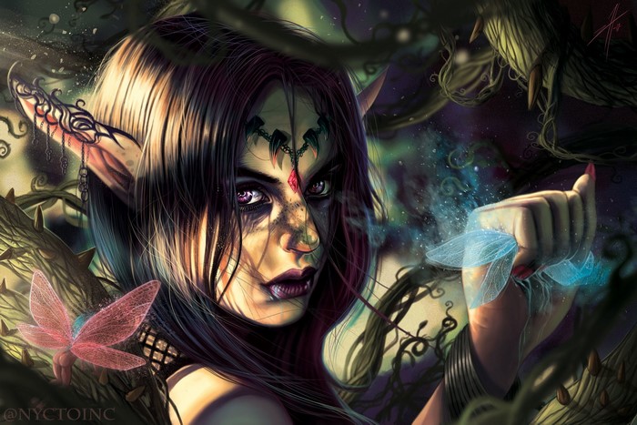 Elf woman with fairies in a dark forest