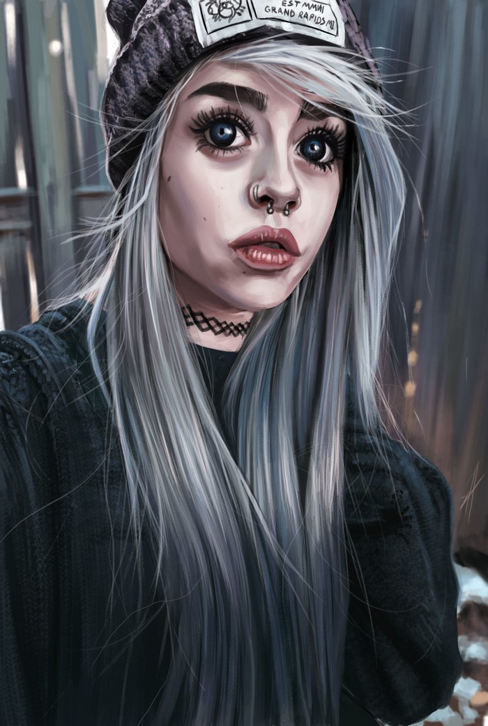 Painting of a young woman with silver hair and a beanie