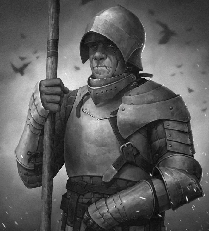 Black and white portrait of a knight in armor holding a spear