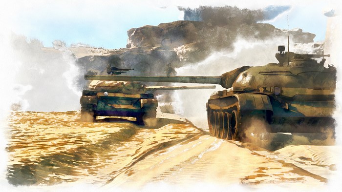 Tanks in a desert landscape, painting art