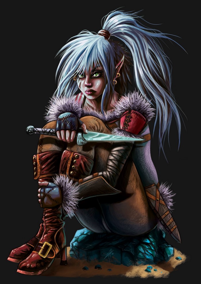 Elf warrior with a knife sitting on a rock