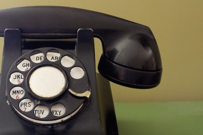 Black rotary telephone with handset
