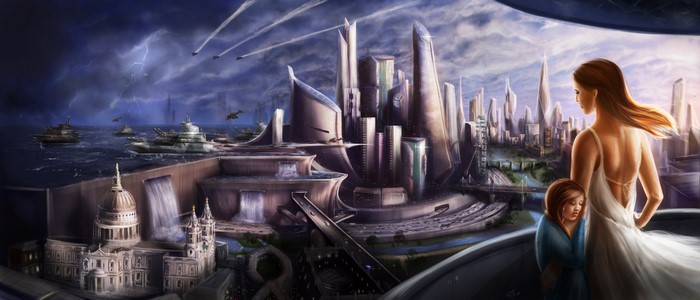 Fantastic world with futuristic city and naval fleet