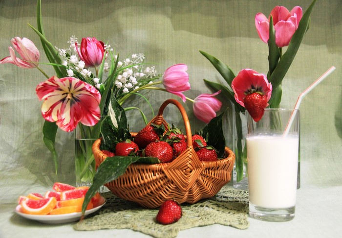 Still-life with strawberries, tulips, marmalade, and milk