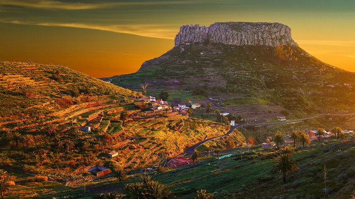 Vallehermoso, Canary Islands: Village on Terraced Hillsides at Sunset