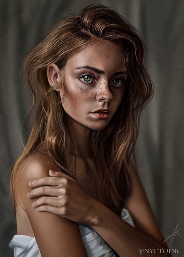 Painting of a young woman with freckles and green eyes