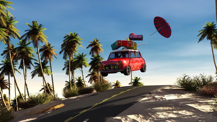 Red Mini Cooper flying with luggage and umbrella