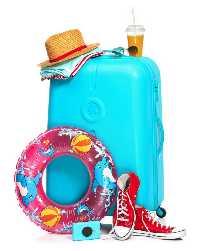 Turquoise Suitcase with Summer Vacation Items