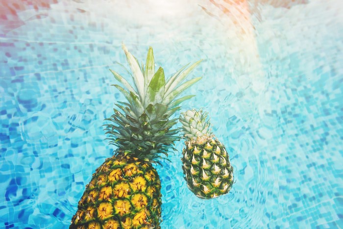 Two pineapples floating in a swimming pool
