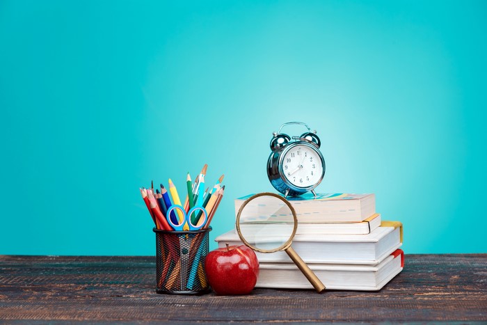 Alarm Clock, Books, Apple, Magnifying Glass, Pencils