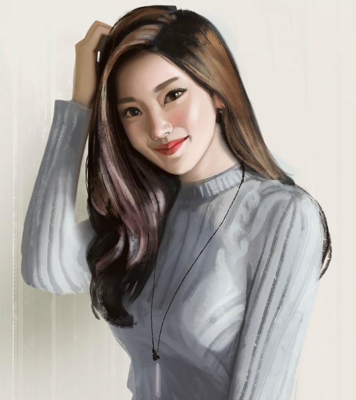 Painting of a smiling Asian woman with brown hair