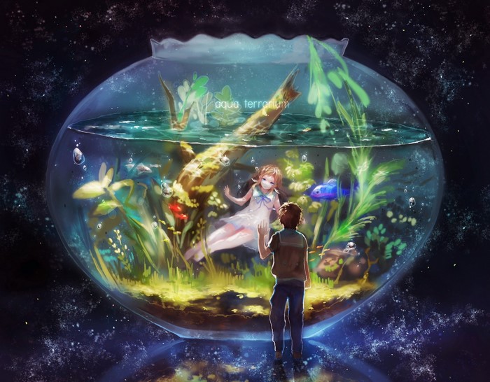 Anime characters in a fishbowl terrarium