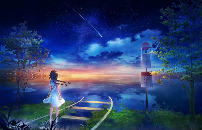 Girl Standing at Sea Railroads Under Starry Sky
