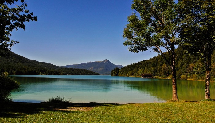 Lake in Niedernach, Bavaria, Germany with Forests and Mountains