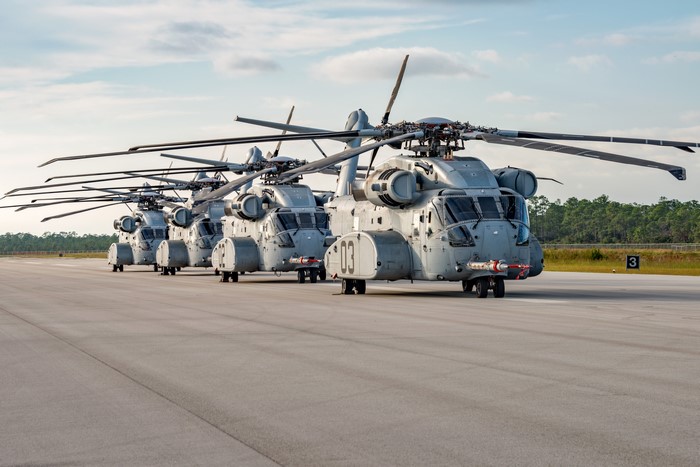 Sikorsky CH-53K Helicopters Lined Up on Tarmac