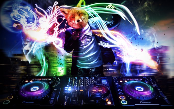 Fox DJ performing with colorful lights and DJ equipment