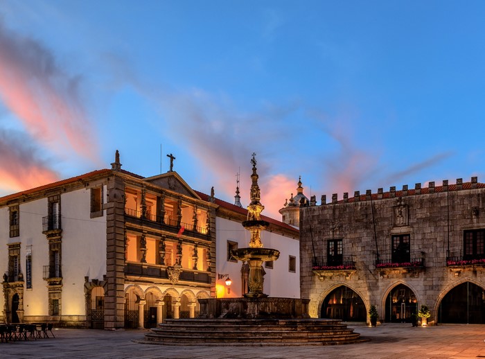 Fountain in Viana, Portugal at Dusk