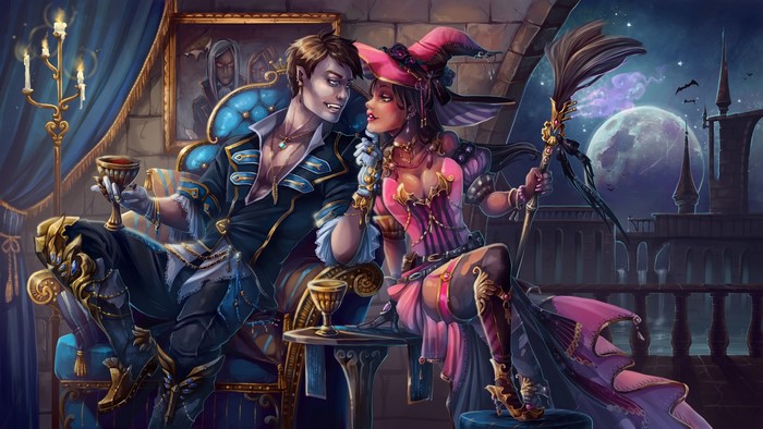 Vampire and Witch on a Balcony at Night